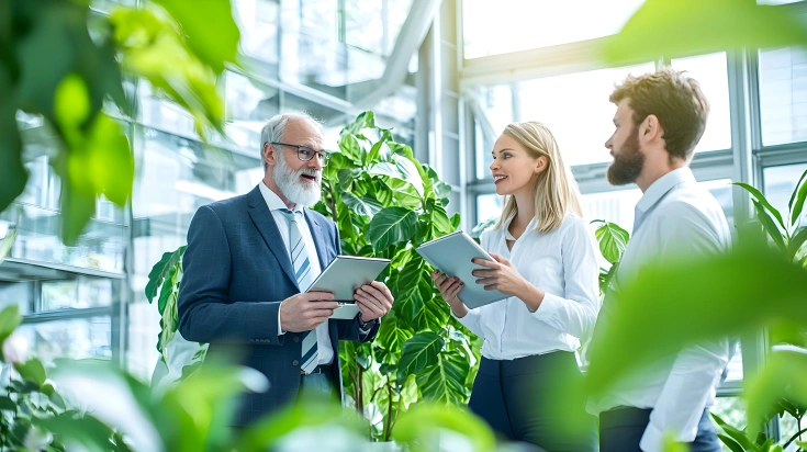 Trójka profesjonalistów – starszy mężczyzna w garniturze, blondynka w białej koszuli oraz brodaty mężczyzna – rozmawia w jasnym, przeszklonym biurze wypełnionym bujną, zieloną roślinnością. Osoby trzymają tablety i uśmiechają się do siebie, co sugeruje optymistyczną atmosferę pracy. Zdjęcie wykonane zza liści roślin, które tworzą naturalne, zielone obramowanie kadru.